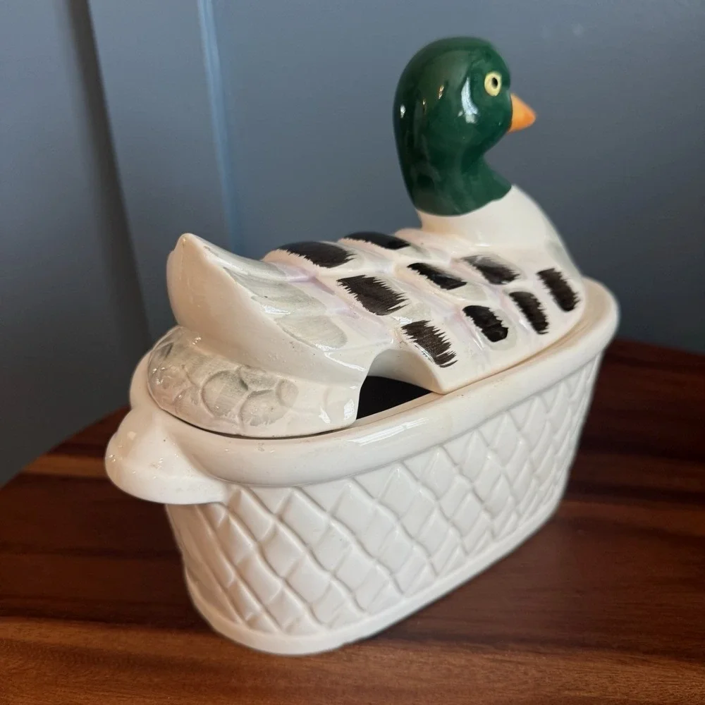 Vintage Duck on a Basket Tureen Ceramic‎ Mallard Cottagecore Farmhouse Japan